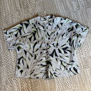 Banana Republic Black White and Lime Leaf-Print Short Sleeve Blouse